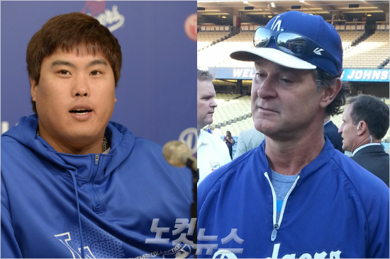 '현진아,너나간뒤안좋아'LA다저스는지난16일(한국시각)류현진(왼쪽)이부상자명단에오른뒤공교롭게도3연패에빠지면서돈매팅리감독(오른쪽)이고민이깊어지고있다.(자료사진)