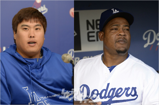 '류-유형제빠졌다고이렇게까지...'LA다저스는지난16일(한국시각)류현진(왼쪽)과후안유리베가부상자명단에오른이후공교롭게도3연패에빠지면서위기에놓였다.(자료사진)