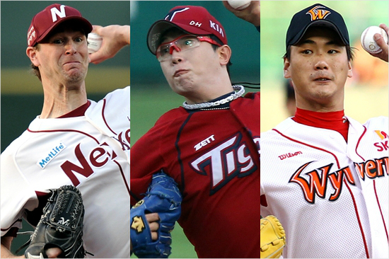 '다승왕은줘도이것만큼은못준다'올시즌다승왕예약은물론사상첫외국인투수3관왕에도전하는넥센에이스밴헤켄과탈삼진과평균자책점에서각각1위를달리고있는KIA양현종과SK김광현.(왼쪽부터/자료사진=넥센,KIA,SK)