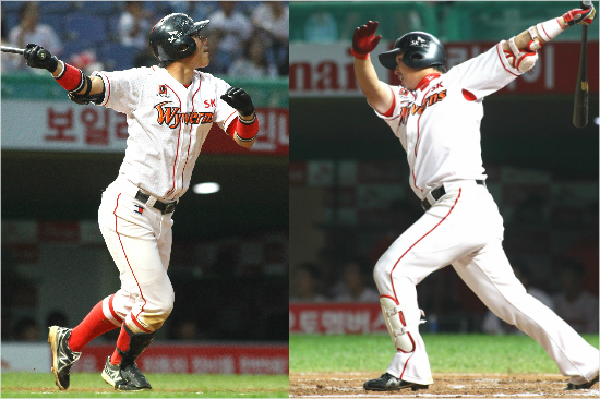 '좌정권에우최정'SK박정권(왼쪽)이20일두산과홈경기에서2회솔로홈런을날리고있다.오른쪽은최정이6회말적시타를터뜨리는모습.(인천=SK와이번스)