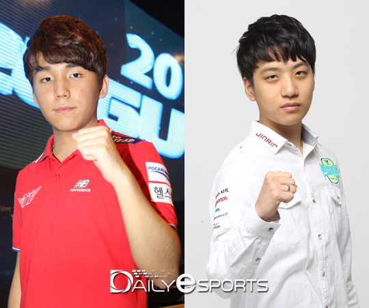 SK텔레콤 T1 박령우(왼쪽)와 진에어 그린윙스 김남중.