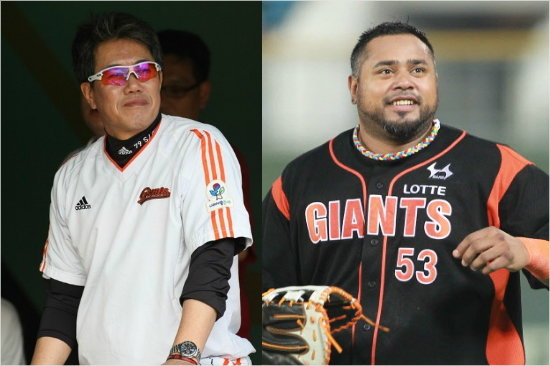 '오긴오는거냐'최근6연패로위기를맞고있는김시진롯데감독(왼쪽)과복귀를눈앞에둔외국인거포루이스히메네스.(자료사진=롯데자이언츠)