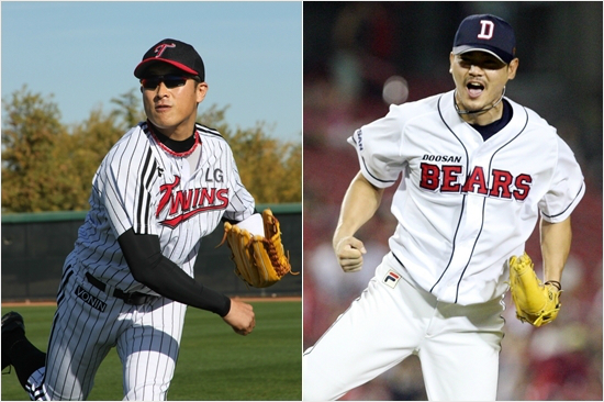 LG임재철(왼쪽)과두산노경은.(자료사진=LG트윈스/두산베어스)