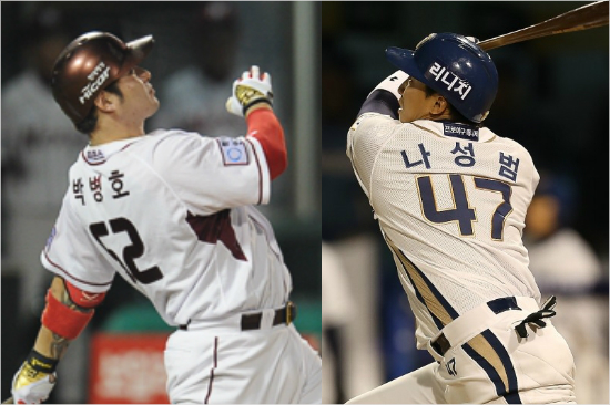 '성범아,2위는우리가할게'넥센은NC와승차가한때2경기까지좁혀졌지만최근2연승으로다시4경기까지벌렸다.사진은두팀의간판거포박병호와나성범.(자료사진=넥센,NC)