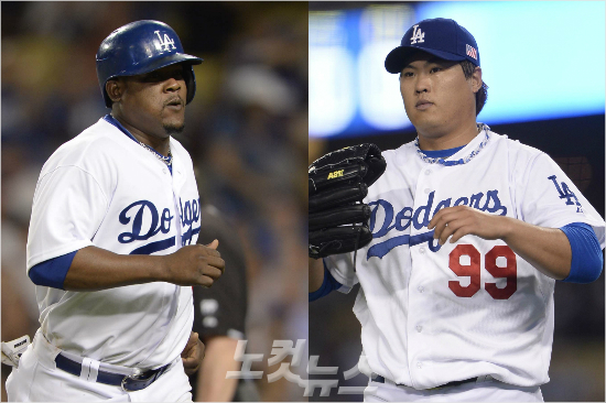 '잘치고잘막고'1일(한국시각)샌디에이고원정에서나란히복귀해팀승리를이끈LA다저스명콤비류현진(오른쪽)과후안유리베.(자료사진)