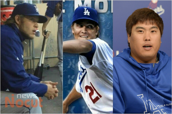 '또한번믿어보자'9월라이벌샌프란시스코와경기에나란히선발등판이예상되고있는LA다저스최강트리오클레이튼커쇼(왼쪽부터)-잭그레인키-류현진.(자료사진=다저스트위터,노컷뉴스)