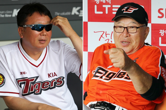 '사제간의전쟁'시즌막판탈꼴찌경쟁을벌여야할선동열KIA(왼쪽),김응용한화감독.둘은예전해태전성시대를열었던투수와감독이었다.(자료사진=KIA,한화)