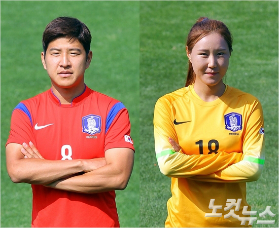 인천아시안게임에출전하는남녀축구대표팀의'맏형'박주호와'맏언니'김정미는사상첫동반금메달을목표로최선을다하겠다는각오를선보였다.박종민기자