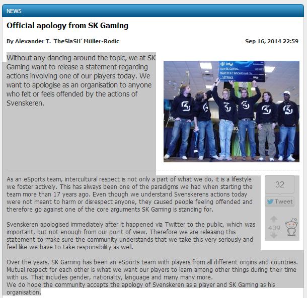 SK게이밍이 공식 사이트에 올린 인종 비하 발언에 대한 사과문.