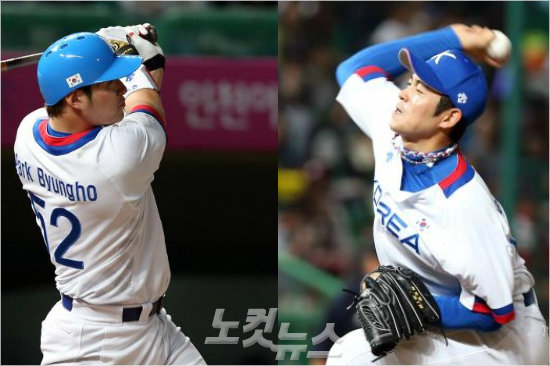 '병호와태양'박병호(왼쪽)가27일중국과4강전에서6회쐐기3점포를터뜨리고있다.오른쪽은5회부터역투를펼치며승리투수가된이태양.(인천=황진환기자)
