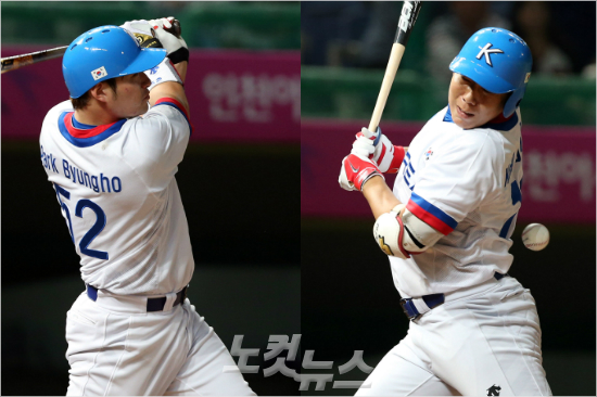 '이정도는돼야칠만하지,안그래정호야?'27일중국과4강전에서6회쐐기3점홈런을날리고있는박병호(왼쪽)와7회투구에맞고있는강정호.(자료사진=황진환기자)