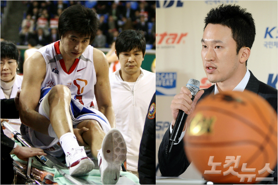 '2002년영웅들의좌초'2002년부산아시안게임에서중국을꺾고정상에올랐던한국남자농구는김승현(오른쪽)과방성윤등당시향후10년을책임질자원들이병역혜택을받았다.그러나부상과이면계약등의홍역을치르며기대에미치지못했다.사진은2009년김승현이이면계약에대해입장을밝히는모습과방성윤이무릎부상으로실려나가는모습.(자료사진=윤창원기자,KBL)