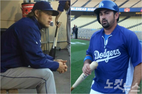 '커쇼야,내가하리?'다저스는에이스클레이튼커쇼(왼쪽)와주포애드리언곤잘레스등이투타에서제몫을해줬다.그러나팀리더로서는투수와이적생이라는한계가있는것도사실이다.(자료사진=다저스트위터,노컷뉴스)