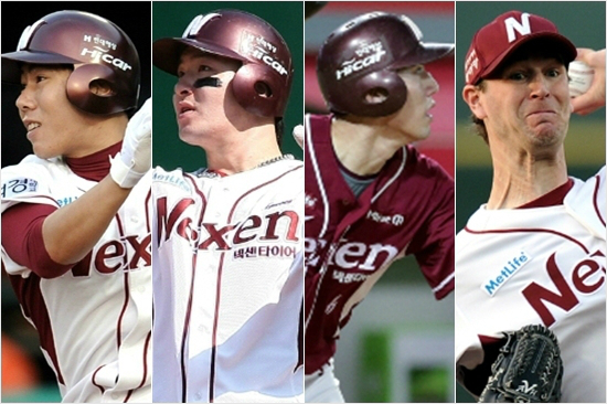 넥센이화끈한기록잔치를펼쳤다.100득점째를올려프로야구최초로한팀3명의100득점을만든강정호(왼쪽부터),11년만에50홈런고지를밟은박병호,200안타에2개만남긴서건창,7년만에20승을달성한앤디밴헤켄.(자료사진=넥센히어로즈)