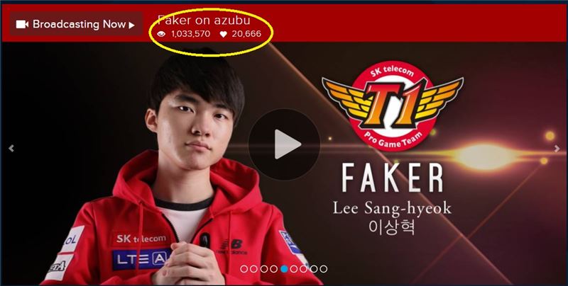 SK텔레콤 T1 K의 미드 라이너 '페이커' 이상혁이 아주부TV 스트리밍 방송 누적 시청자 수 100만 명을 넘겼다(사진=아주부TV 캡처).