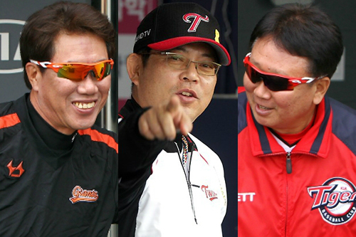 '이동맹,반댈세'롯데와KIA가올시즌일찌감치가을야구의희망을접은가운데LG가정규리그최종전에서4위수성에나선다.사진은김시진롯데(왼쪽부터)-양상문LG-선동열KIA감독.(자료사진=KIA,LG)