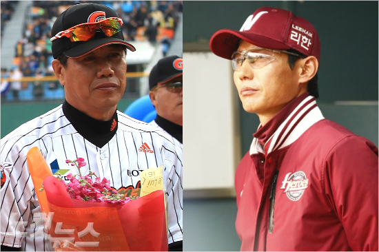 '감독님,가슴이아프네요'17일LG전을앞두고사퇴의사를밝힌김시진롯데감독(왼쪽)의소식에안타까운심경을드러낸염경엽넥센감독.(자료사진=윤성호기자,넥센히어로즈)