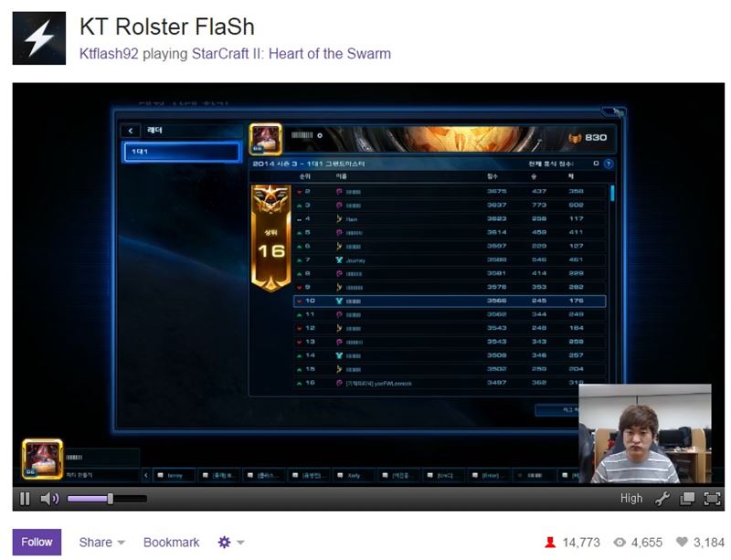이영호의 트위치TV 스트리밍 방송. 아래쪽이 동시 시청자 숫자.