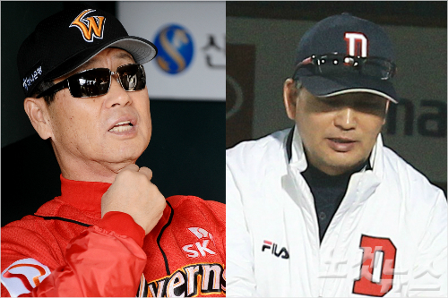 '감독들목조심해야해'2011시즌도중사퇴한SK김성근감독(왼쪽)과지난해한국시리즈준우승을이끌고도경질된김진욱두산감독.(자료사진=황진환기자)