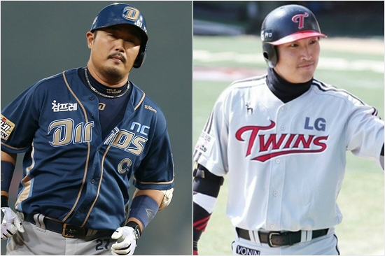 SK에서9년간한솥밥을먹다가2014년준플레이오프에서적으로만난이호준(왼쪽)과이진영.(자료사진=NC다이노스/LG트윈스)