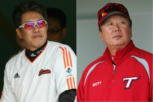'두감독의엇갈린행보'롯데자이언츠지휘봉을잡은지약2년만에자진사퇴를발표한김시진감독(왼쪽),KIA타이거즈와2년재계약에성공한선동열감독(사진=롯데자이언츠,KIA타이거즈제공)