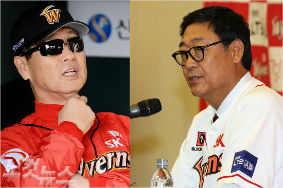 '야신께많이배우겠습니다'김용희SK신임감독(오른쪽)이23일취임식에서김성근SK감독(왼쪽)에게조언을많이구할뜻을밝히고있다.(인천=SK,자료사진=노컷뉴스)