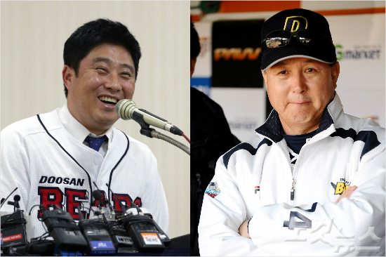 '저도많이배우겠습니다'22일취임식에서김경문현NC감독이자전두산감독(오른쪽)을언급하며롤모델로삼을뜻을밝힌김태형두산신임감독.(자료사진=두산,노컷뉴스)