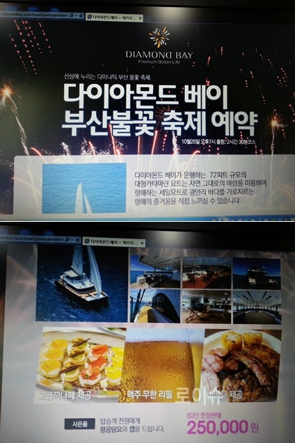 ▲‘다이아몬드베이’홈페이지에실린부산불꽃축제모객광고는전의원이조사를시작하자이틀전삭제를했다.전의원이10월20일홈페이지광고를캡처.<전진영의원제공>