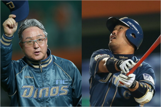 '이것이바로홈런의이상향'NC간판거포이호준(오른쪽)은24일LG와준플레이오프3차전에서경기전김경문감독(왼쪽)이말한이상적인홈런의궤적을정확히그려내며팀의4-3승리의결승포를장식했다.(자료사진=NC다이노스)