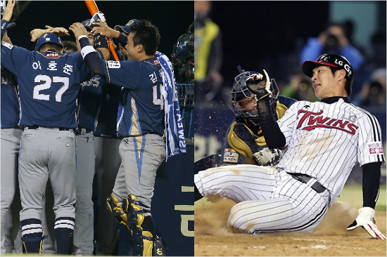 '우주의기운은어디로?'24일준플레이오프3차전에서6회결승솔로포를터뜨린NC이호준(왼쪽)과5회말홈에서아웃되고있는LG오지환의모습.(자료사진=NC,LG)