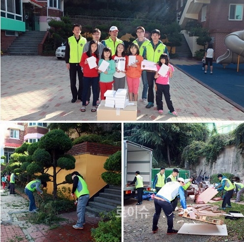 ▲행복드림봉사단원이폐기물수거,화단정리등봉사활동을벌이고있다.<해양경찰정비창제공>