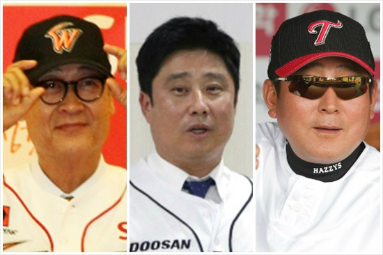 '우리가뭔잘못?'지난21일새사령탑에선임된김용희SK(왼쪽부터),김태형두산감독과28일KIA8대사령탑으로발표된김기태전LG감독.(자료사진=SK,두산,LG)