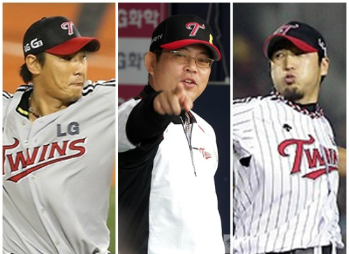 '너거들,2차전엔딱대기해'LG는플레이오프1차전에서불펜운용의미스로넥센에3-6역전패를당했다.사진은이동현(왼쪽부터)-양상문감독-신재웅.(자료사진=LG)