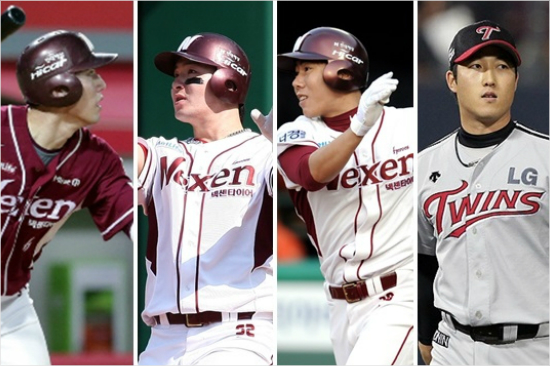 'MVP후보꼼짝마!'넥센이자랑하는MVP후보3인방서건창-박병호-강정호(왼쪽부터)는28일LG와플레이오프2차전에서상대선발신정락(오른쪽)에꽁꽁막혔다.(자료사진=넥센,LG)