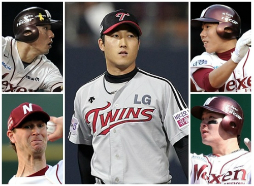 '내앞에MVP는없다'LG신정락(가운데)은28일넥센과플레이오프4차전에서올해정규리그MVP후보4인방인상대서건창-강정호-박병호-밴헤켄(왼쪽위부터시계방향)과맞대결에서완승을거두며팀승리를뒷받침했다.(사진=LG,넥센/자료사진)