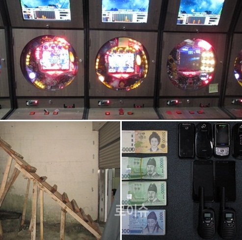 ▲불법게임기(야마토),압수물,진입계단.<부산경찰청제공>