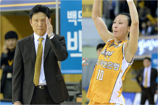 '연하야,신경쓰지마'1일2014-2015시즌KDB생명과개막전을승리로이끈서동철KB국민은행감독(왼쪽)과변연하.(청주=WKBL)