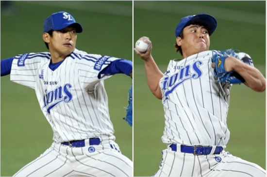 '지만아,힘내자'삼성선발윤성환(왼쪽)과불펜안지만이5일넥센과한국시리즈2차전에서역투를펼치고있다.(대구=삼성라이온즈)