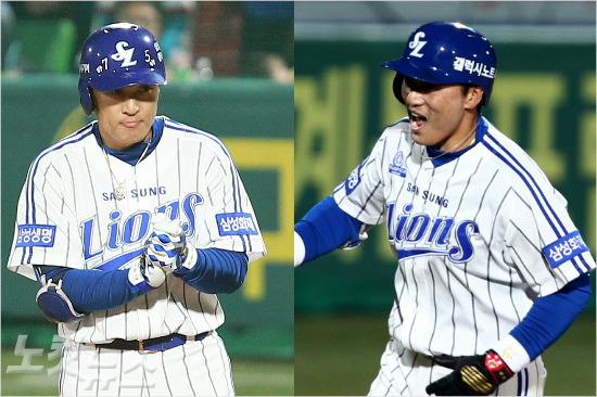 '1년만에표정이이렇게달라졌어요'삼성이승엽은지난해한국시리즈에서극심한부진에시달렸으나올해는2차전에서홈런을날리며다른모습을보였다.사진은5일넥센과2차전에서2점포를터뜨린뒤기뻐하는모습(오른쪽)과지난해7차전때모습.(자료사진=삼성라이온즈,황진환기자)