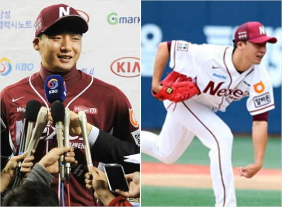 '그때의저는잊어주세요'7일삼성과한국시리즈3차전선발로나서는넥센오재영은상대평균자책점27.00의부진에도반전을다짐하고있다.사진은LG와플레이오프3차전MVP수상뒤인터뷰를하는모습(왼쪽)과8월9일삼성전경기모습.(자료사진=넥센히어로즈)