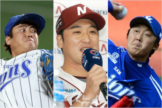 '한번걸리기만해봐!'2014프로야구한국시리즈에서치열한신경전을벌이고있는넥센주장이택근(가운데)과배영수(오른쪽),안지만등삼성투수진.올해정상을위한진짜승부처로꼽히고있다.(자료사진=황진환기자,삼성라이온즈)