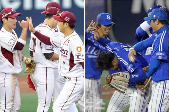 '최후의하이파이브는누가?'삼성과넥센은4차전까지2승2패로치열한공방을이어갔다.사진은넥센선수들이8일4차전에서승리한뒤하이파이브를하는모습(왼쪽)과삼성선수들이7일3차전에서이긴뒤경기MVP박한이를격하게축하하는모습.(자료사진=박종민기자)