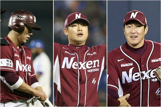 '물거품이된3인방의노력'넥센은서건창(왼쪽부터)의선제적시타와마무리손승락의혼신을다한역투,유한준의슈퍼캐치등으로5차전승리를눈앞에뒀지만9회말역전패로허사가됐다.(잠실=넥센히어로즈)