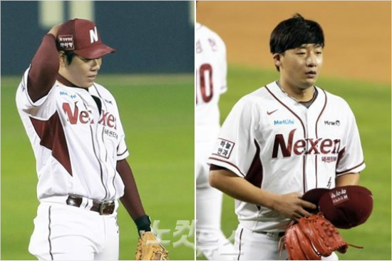 '우리오늘왜이러지'넥센유격수강정호(왼쪽)가11일삼성과한국시리즈6차전에서4회실책을범한뒤머리를긁적이고있다.오른쪽은역시3회실책으로대량실점한뒤교체되는선발오재영.(잠실=황진환기자)