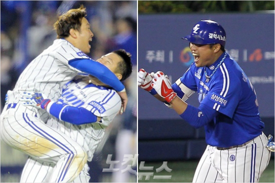 '좌타만세'삼성최형우가넥센과한국시리즈5차전에서9회말결승끝내기안타를때리자채태인이뛰어와안기는모습(왼쪽)과3차전에서박한이가결승포를때려내고환호하는모습.(자료사진=박종민기자)