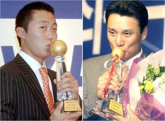 '삼성의마지막MVP들'삼성은2003년이승엽(오른쪽)과2004년배영수이후10년가까이정규리그MVP가없었다.올해도수상은다른팀에서나올가능성이높다.(자료사진=삼성라이온즈)