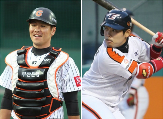 '내년에는다를겁니다'지난해FA시장에서각각75억,67억원의잭팟을터뜨린롯데강민호(왼쪽)와한화이용규는올해부진과부상속에다소아쉬운성적을남겼다.(자료사진=롯데,한화)