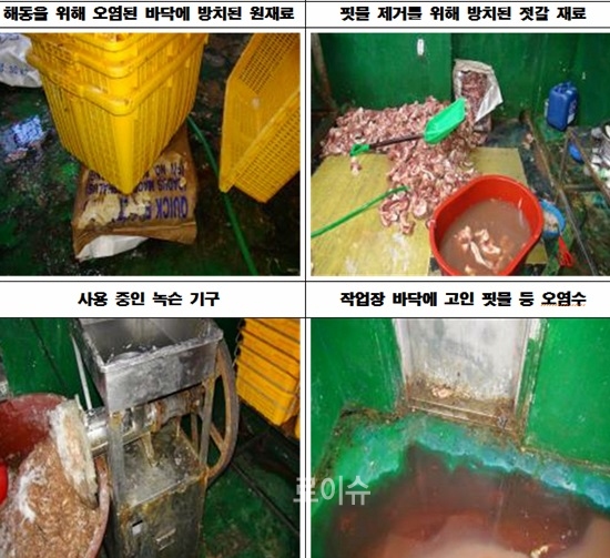 ▲이들업체는유통기한경과,밀가루를첨가한변조김장용향신료조제품(일명다대기),중국산고추씨를섞은불량고춧가루,녹이슨기구및악취가진동하는작업환경속에서생산된젓갈등다양한형태로위법행위등을한혐의를받고있다.<부산시제공>