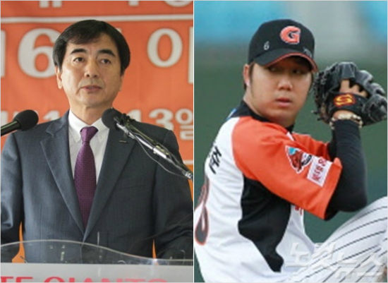 '내손의든카드가뭘까요?'롯데는2015FA최대어장원준(오른쪽)에게4년88억원역대최고액을제시했지만붙들지못했다.왼쪽사진은올해CCTV불법사찰등으로퇴진한구단사장후임으로부임한이창원롯데구단대표이사.(자료사진=롯데자이언츠)