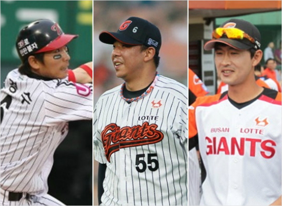 '다시시작해보자'신생팀kt유니폼을입게된전LG내야수박경수,전롯데투수와내야수김사율,박기혁.(왼쪽부터,자료사진=LG,롯데)